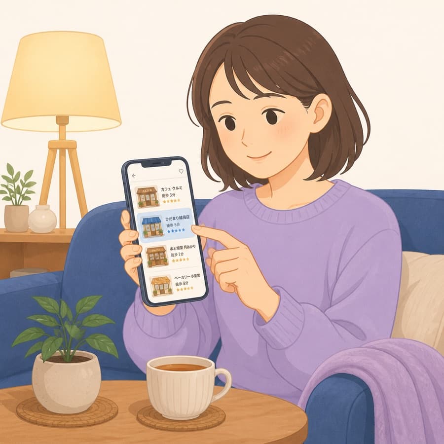 夜、家のソファでスマホを見ながら、近所のお店を選んでいる人
