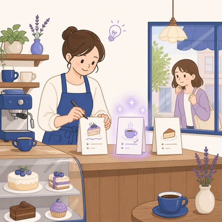 カフェの店主が、店先に置く案内の言葉を書き直している