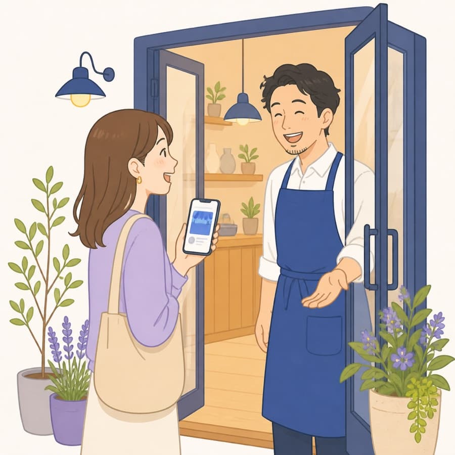 スマホでお店のページを見て来たお客さんを、店主が入口で迎えている
