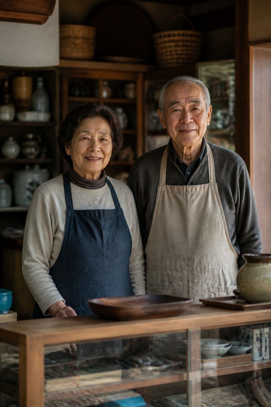 お店に立つ店主の夫婦